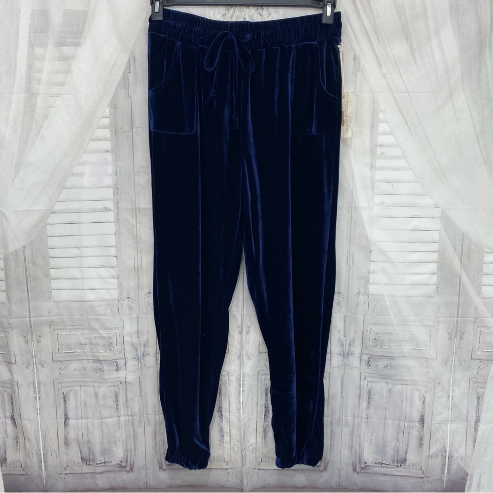 Farmers Market One World Size XL Navy Blue Velvet Joggers Pants Elastic Waist